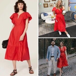 Marissa Webb Collective Coral Red Cotton Midi Dress Sz 8 Flutter Sleeve V-Neck